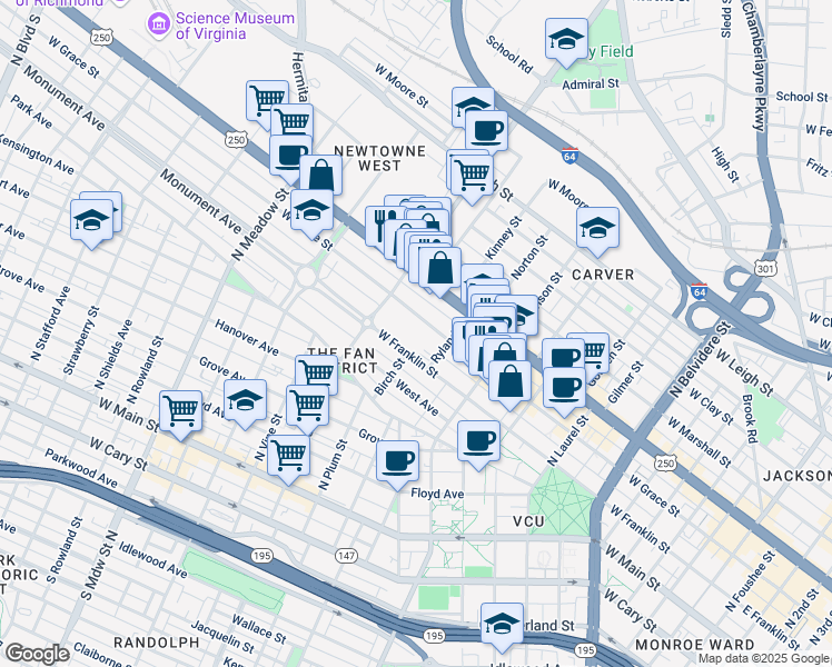 map of restaurants, bars, coffee shops, grocery stores, and more near 1115 West Grace Street in Richmond