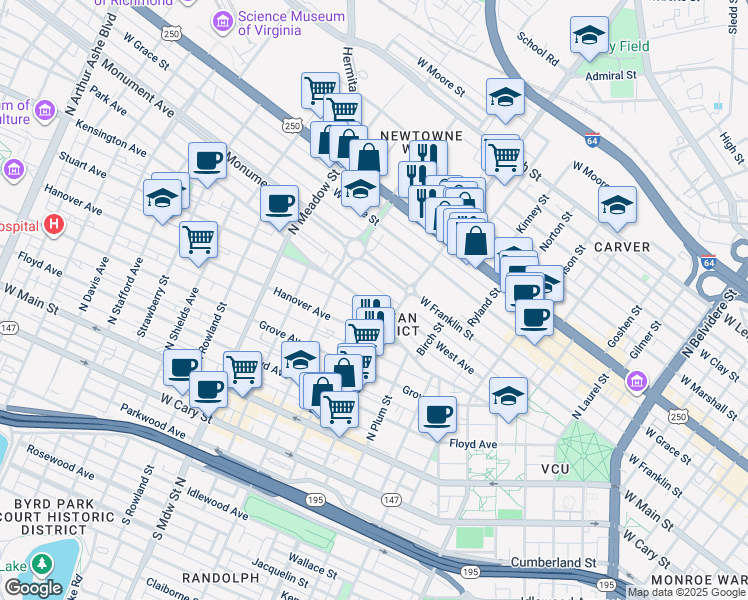 map of restaurants, bars, coffee shops, grocery stores, and more near 1706 Park Avenue in Richmond