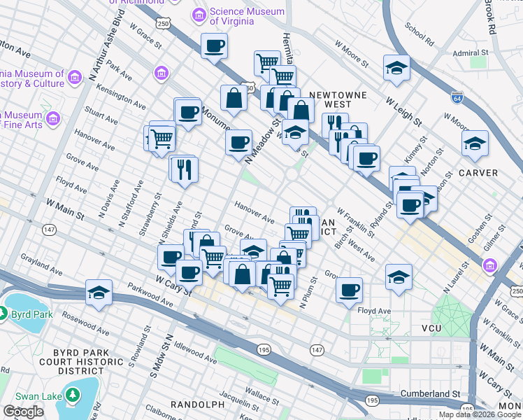 map of restaurants, bars, coffee shops, grocery stores, and more near 1801 Park Avenue in Richmond