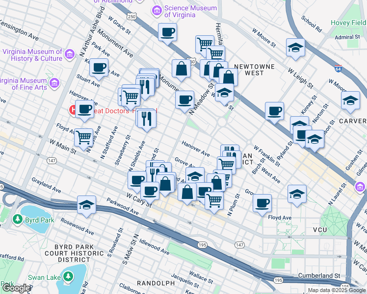 map of restaurants, bars, coffee shops, grocery stores, and more near 1908 Hanover Avenue in Richmond