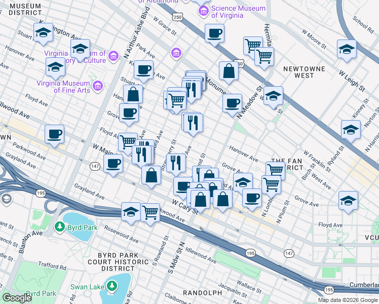 map of restaurants, bars, coffee shops, grocery stores, and more near 2206 Grove Avenue in Richmond