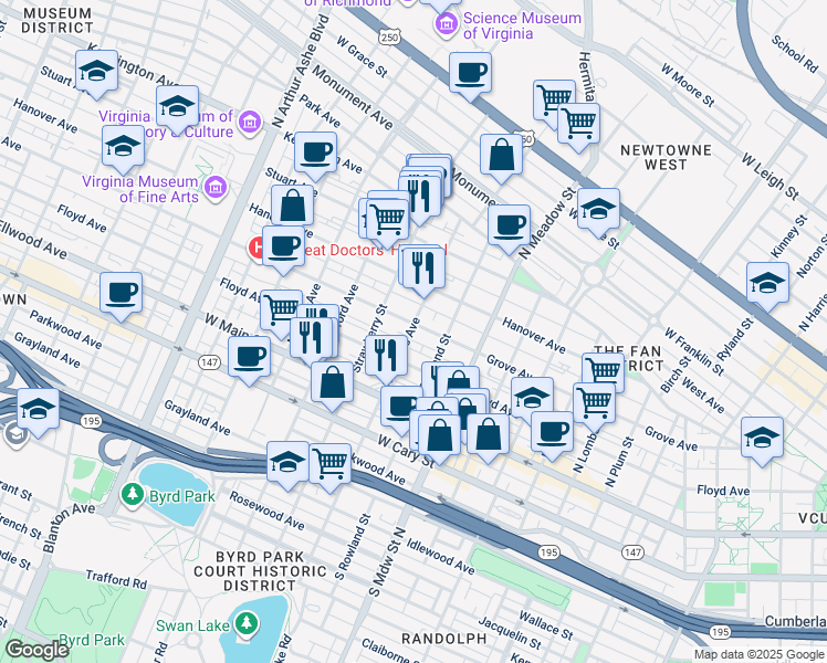 map of restaurants, bars, coffee shops, grocery stores, and more near 2206 Grove Avenue in Richmond
