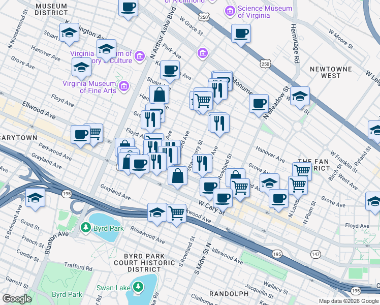 map of restaurants, bars, coffee shops, grocery stores, and more near 2311 Grove Avenue in Richmond