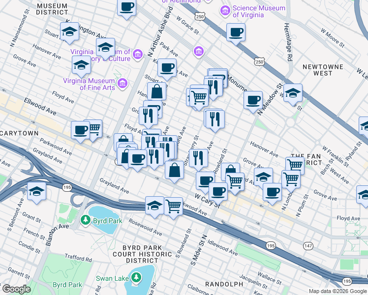 map of restaurants, bars, coffee shops, grocery stores, and more near 2311 Grove Avenue in Richmond