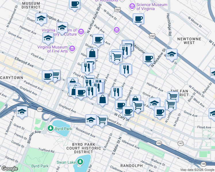 map of restaurants, bars, coffee shops, grocery stores, and more near 2311 Grove Avenue in Richmond
