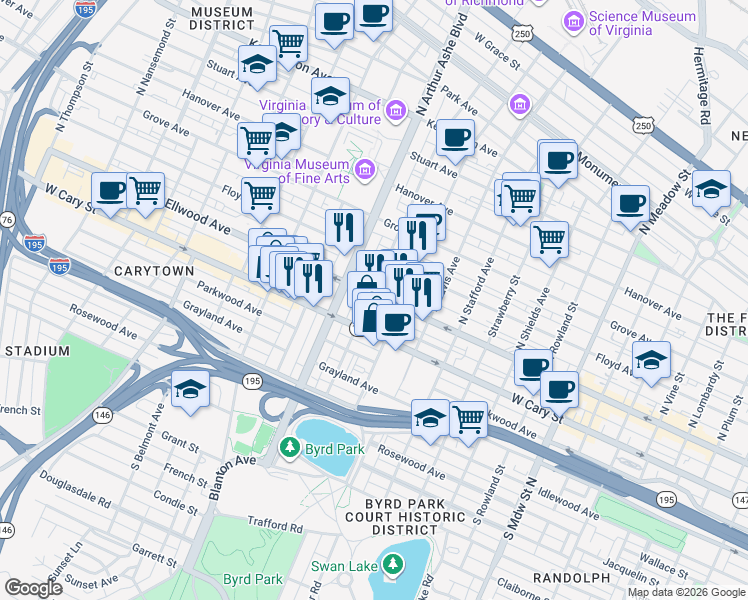 map of restaurants, bars, coffee shops, grocery stores, and more near 2710a West Main Street in Richmond