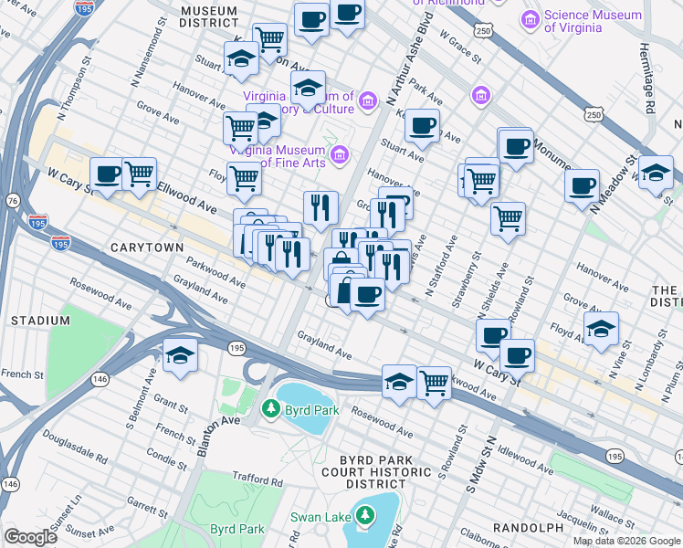 map of restaurants, bars, coffee shops, grocery stores, and more near 2710a West Main Street in Richmond