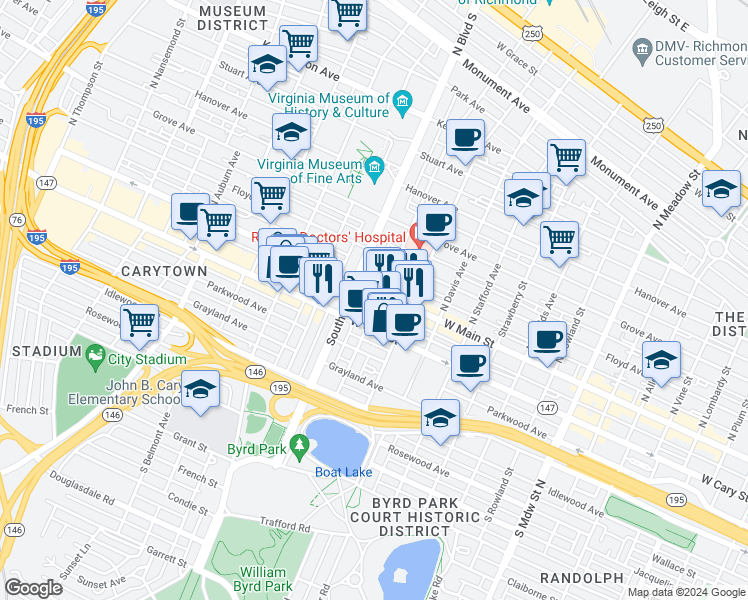 map of restaurants, bars, coffee shops, grocery stores, and more near 2710a West Main Street in Richmond