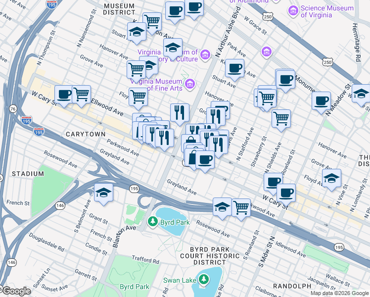 map of restaurants, bars, coffee shops, grocery stores, and more near 2710a West Main Street in Richmond