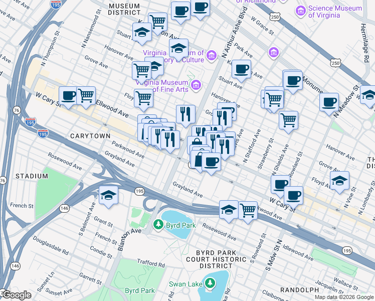 map of restaurants, bars, coffee shops, grocery stores, and more near 2710a West Main Street in Richmond