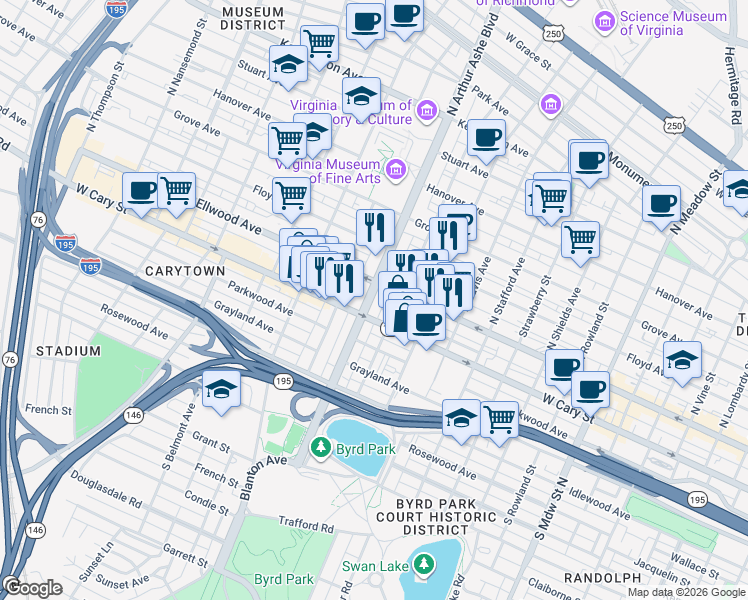 map of restaurants, bars, coffee shops, grocery stores, and more near 2710a West Main Street in Richmond