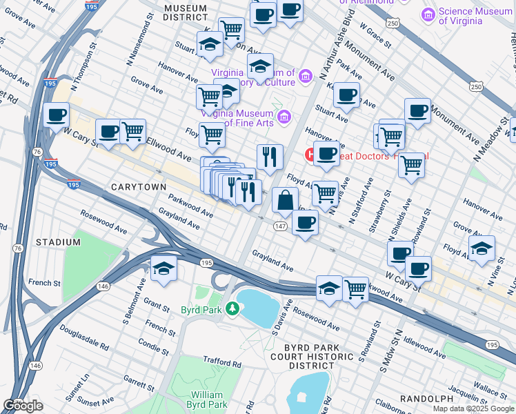 map of restaurants, bars, coffee shops, grocery stores, and more near 8 South Arthur Ashe Boulevard in Richmond