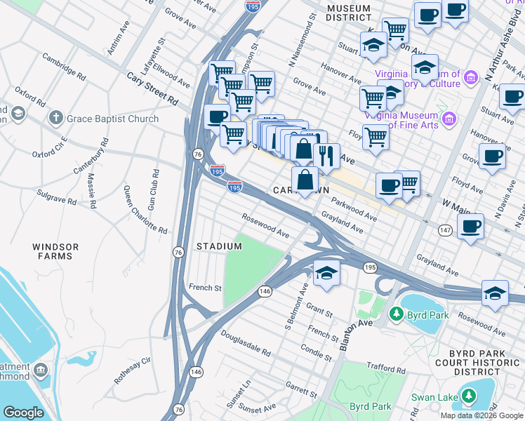 map of restaurants, bars, coffee shops, grocery stores, and more near 3329 Idlewood Avenue in Richmond