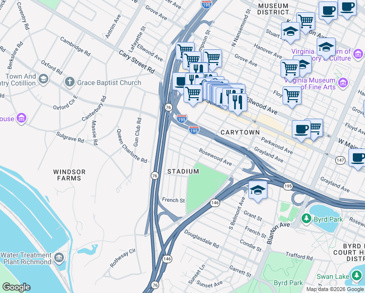 map of restaurants, bars, coffee shops, grocery stores, and more near 3420 Rosewood Avenue in Richmond