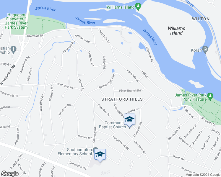 map of restaurants, bars, coffee shops, grocery stores, and more near 7703 Granite Hall Avenue in Richmond