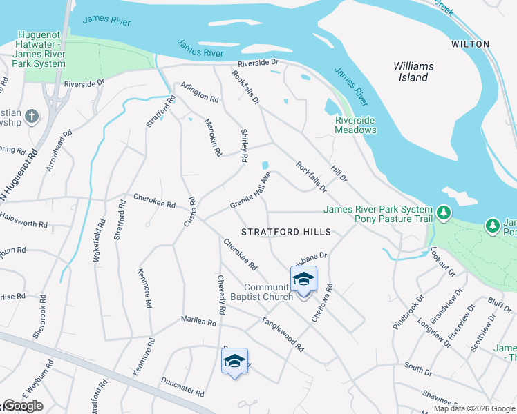 map of restaurants, bars, coffee shops, grocery stores, and more near 7703 Granite Hall Avenue in Richmond