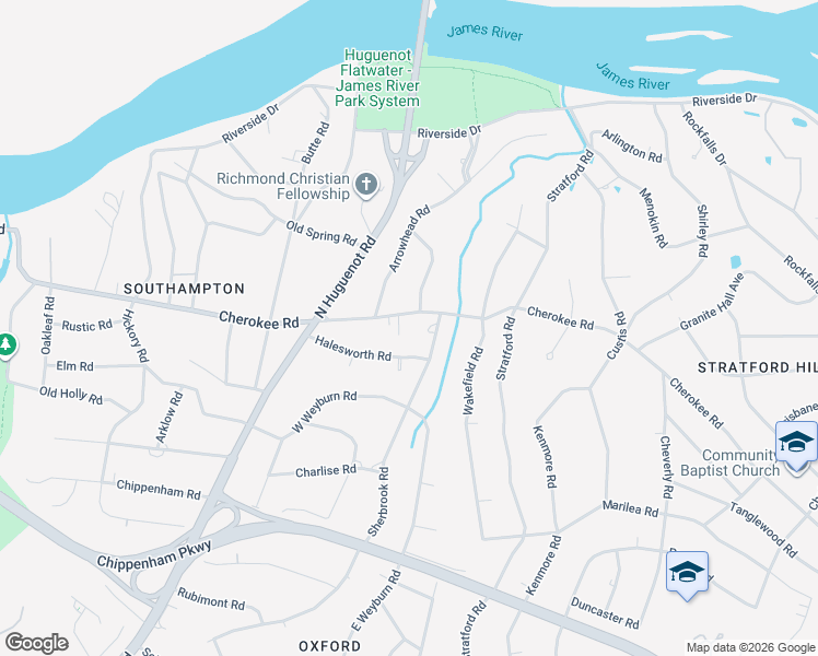map of restaurants, bars, coffee shops, grocery stores, and more near 8310 Cherokee Road in Richmond
