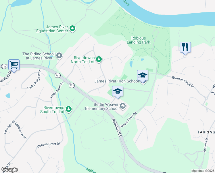 map of restaurants, bars, coffee shops, grocery stores, and more near 3724 Riverdowns North Drive in Midlothian
