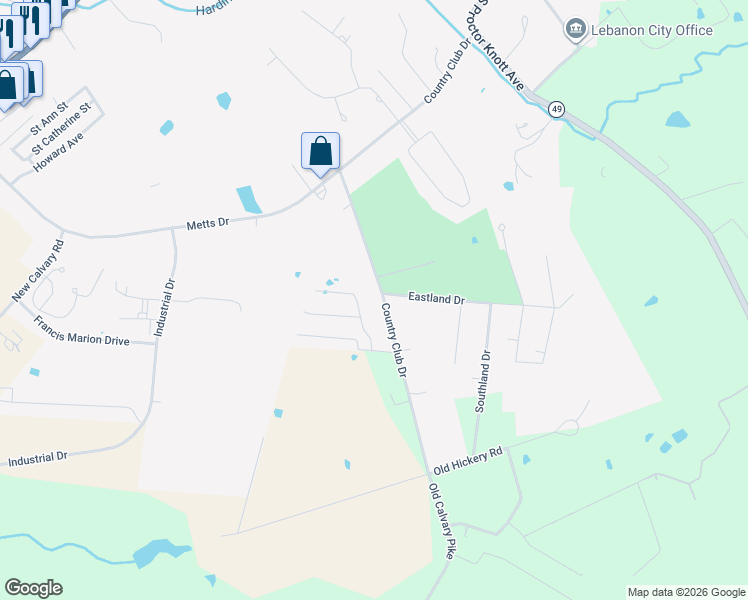 map of restaurants, bars, coffee shops, grocery stores, and more near 662 Country Club Drive in Lebanon