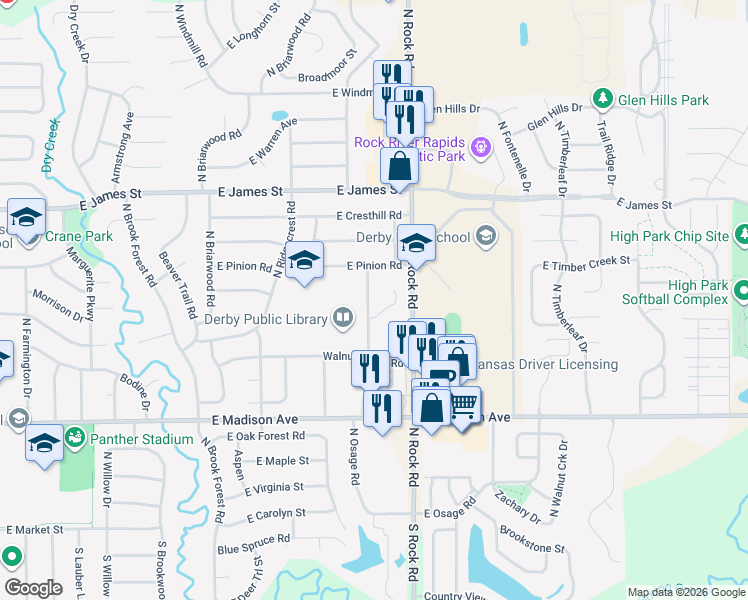 map of restaurants, bars, coffee shops, grocery stores, and more near 800-802 Sumac Road in Derby