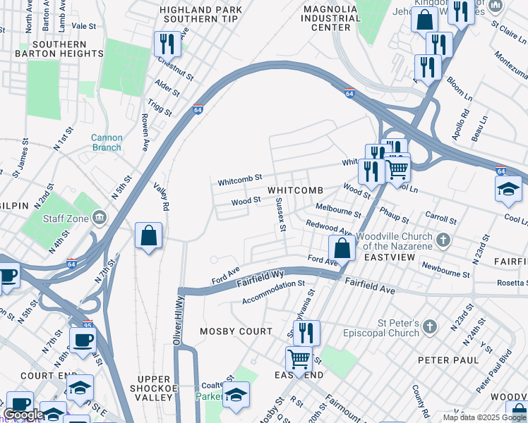 map of restaurants, bars, coffee shops, grocery stores, and more near 1917 Eastview Lane in Richmond