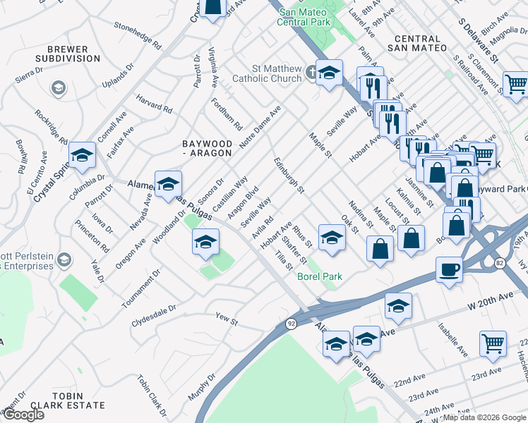 map of restaurants, bars, coffee shops, grocery stores, and more near 409 Seville Way in San Mateo