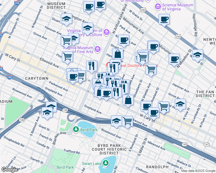 map of restaurants, bars, coffee shops, grocery stores, and more near 2610 West Main Street in Richmond