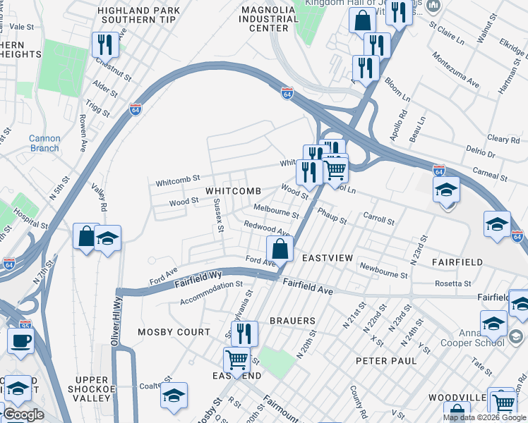 map of restaurants, bars, coffee shops, grocery stores, and more near 2411 Melbourne Street in Richmond
