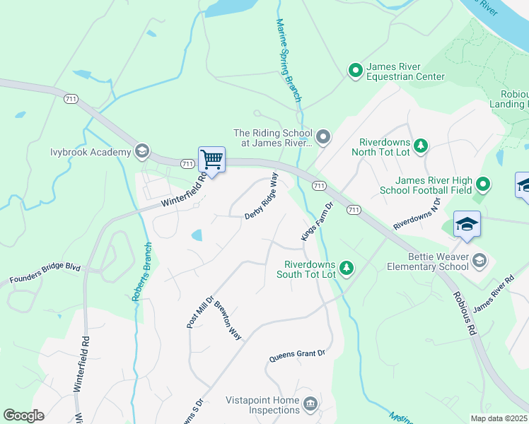 map of restaurants, bars, coffee shops, grocery stores, and more near 3621 Derby Ridge Way in Midlothian