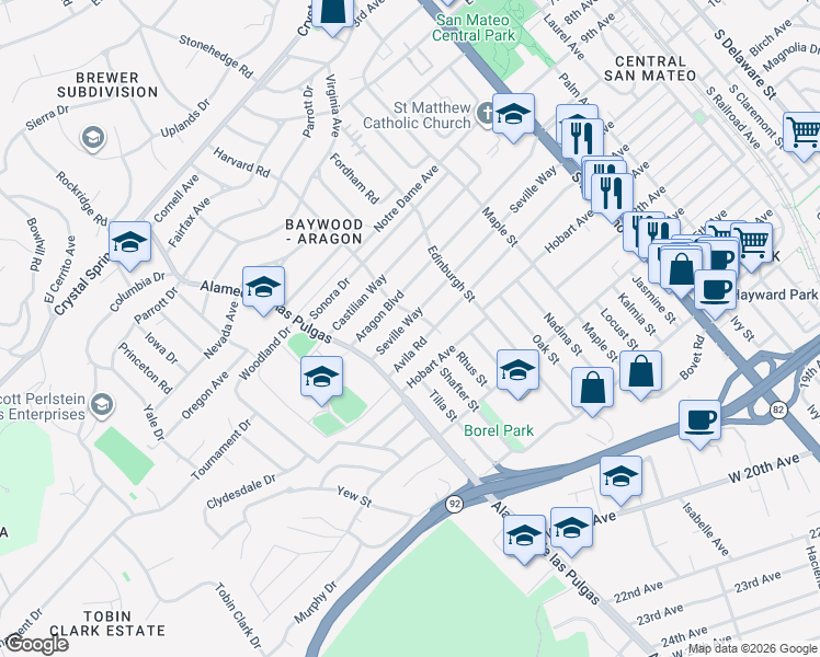 map of restaurants, bars, coffee shops, grocery stores, and more near 409 Seville Way in San Mateo