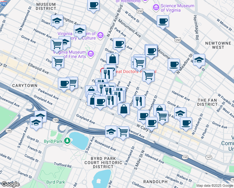 map of restaurants, bars, coffee shops, grocery stores, and more near 2415 Floyd Avenue in Richmond