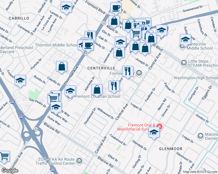 map of restaurants, bars, coffee shops, grocery stores, and more near 37301 Trellis Terrace in Fremont