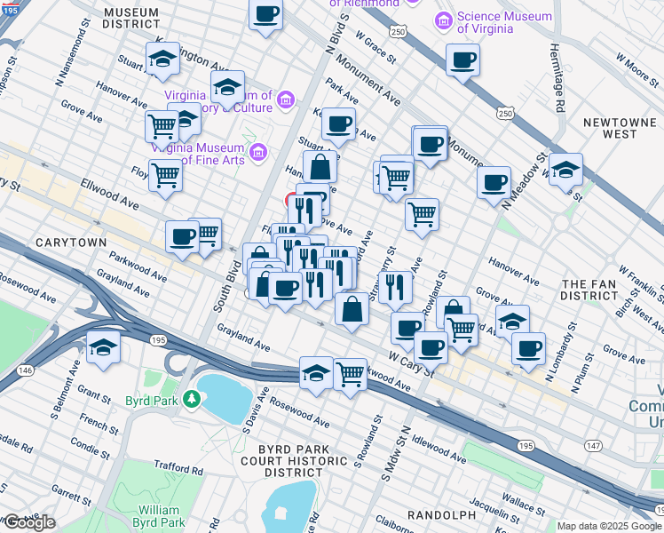 map of restaurants, bars, coffee shops, grocery stores, and more near 2417 Floyd Avenue in Richmond