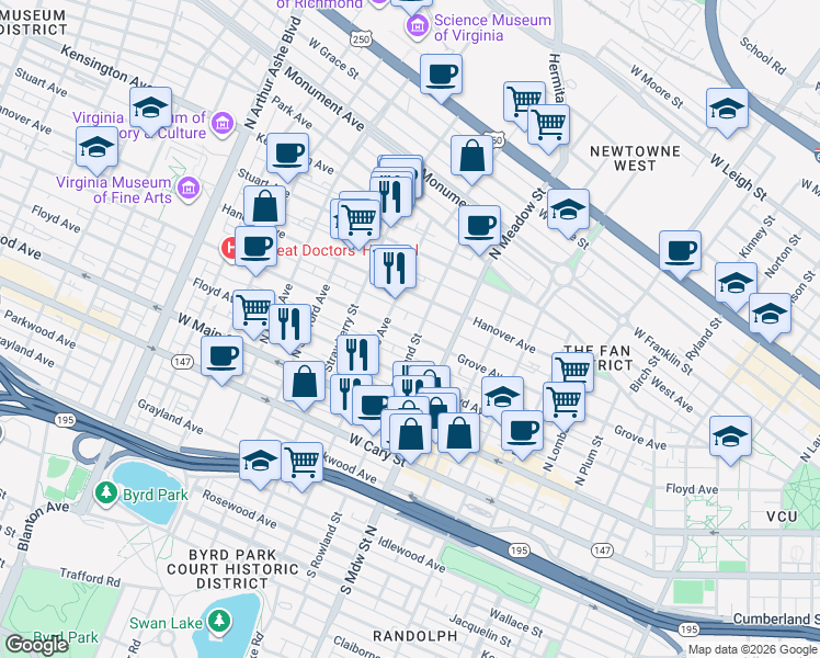 map of restaurants, bars, coffee shops, grocery stores, and more near 2100 Grove Avenue in Richmond