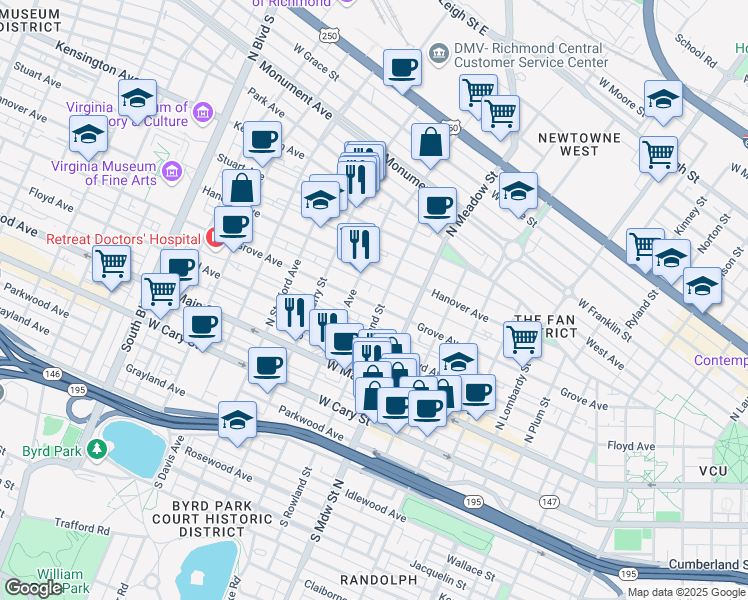 map of restaurants, bars, coffee shops, grocery stores, and more near 2100 Grove Avenue in Richmond