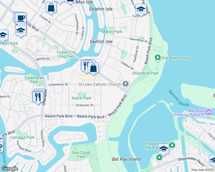 map of restaurants, bars, coffee shops, grocery stores, and more near 1111 Compass Lane in Foster City