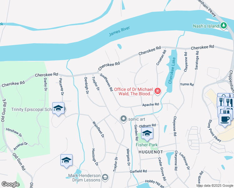 map of restaurants, bars, coffee shops, grocery stores, and more near 4131 Southaven Road in Richmond