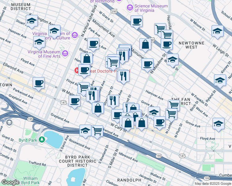 map of restaurants, bars, coffee shops, grocery stores, and more near 2211 Grove Avenue in Richmond