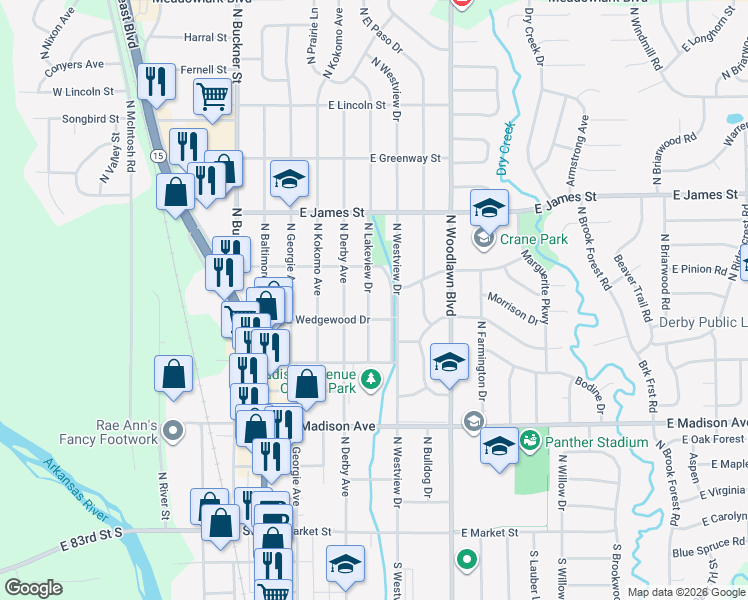 map of restaurants, bars, coffee shops, grocery stores, and more near 935 North Lakeview Drive in Derby