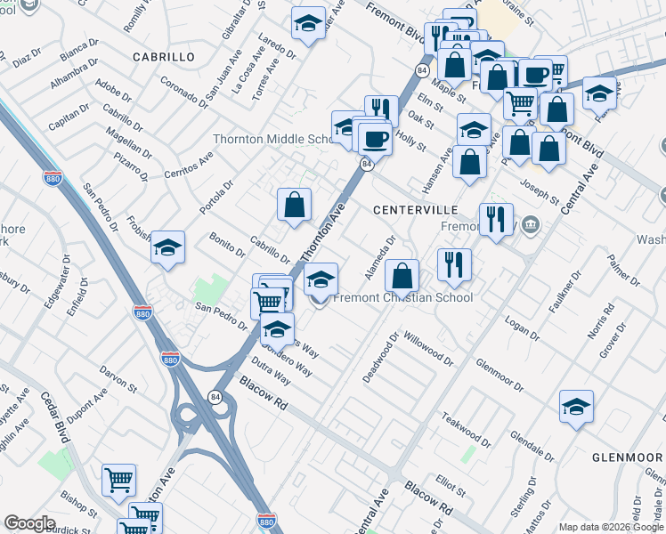 map of restaurants, bars, coffee shops, grocery stores, and more near 4649 Rothbury Common in Fremont