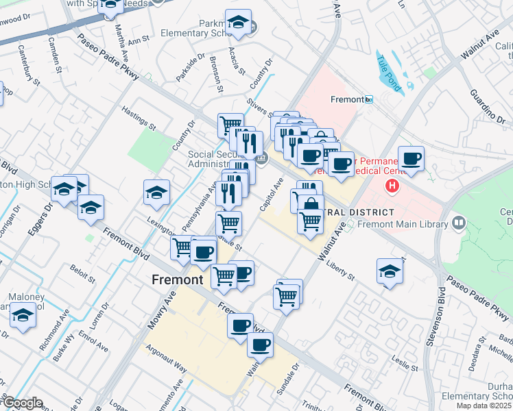 map of restaurants, bars, coffee shops, grocery stores, and more near in Fremont