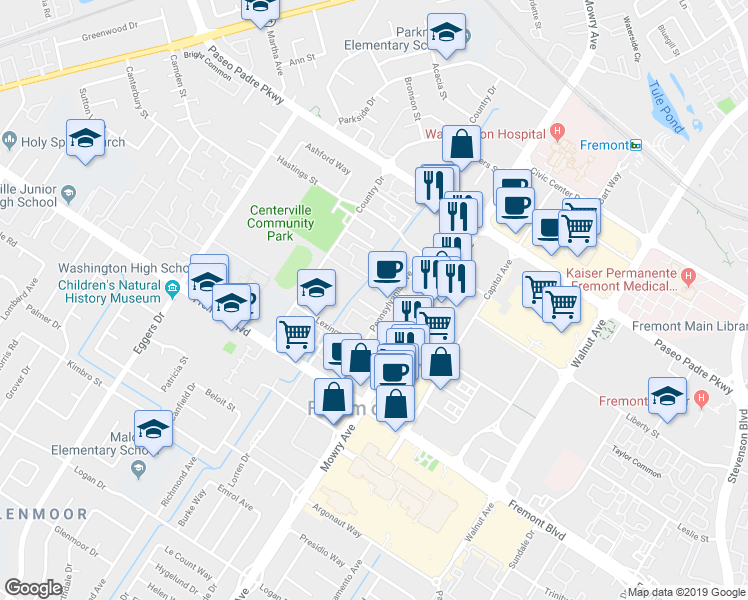 map of restaurants, bars, coffee shops, grocery stores, and more near 3599 Pennsylvania Avenue in Fremont