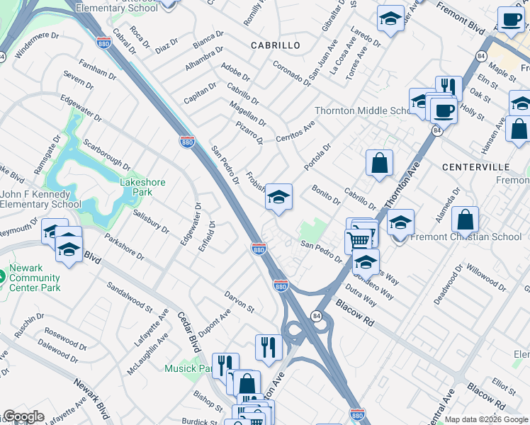 map of restaurants, bars, coffee shops, grocery stores, and more near 36368 San Pedro Drive in Fremont