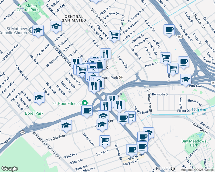 map of restaurants, bars, coffee shops, grocery stores, and more near 1739 Palm Avenue in San Mateo