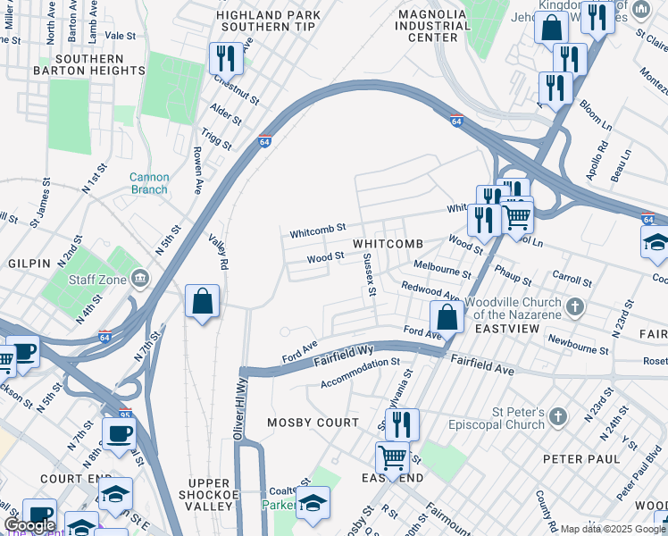 map of restaurants, bars, coffee shops, grocery stores, and more near 1910 Eastview Lane in Richmond