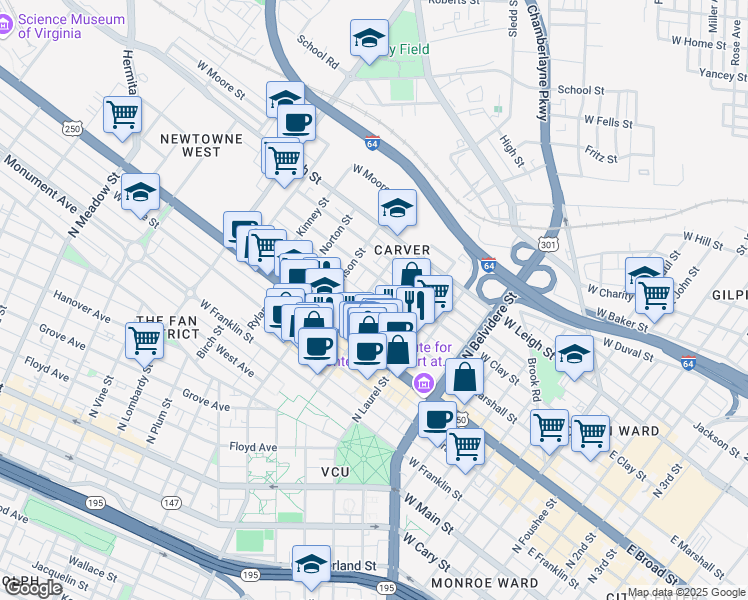 map of restaurants, bars, coffee shops, grocery stores, and more near 1011 West Clay Street in Richmond