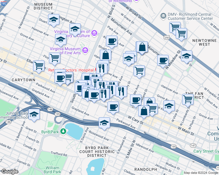 map of restaurants, bars, coffee shops, grocery stores, and more near 2410 Floyd Avenue in Richmond