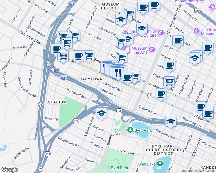 map of restaurants, bars, coffee shops, grocery stores, and more near 118 South Belmont Avenue in Richmond