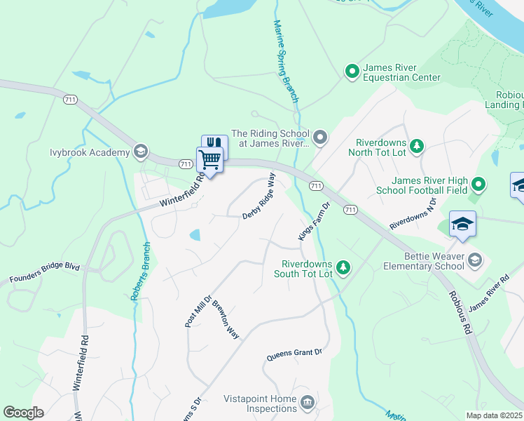 map of restaurants, bars, coffee shops, grocery stores, and more near 3621 Derby Ridge Way in Midlothian