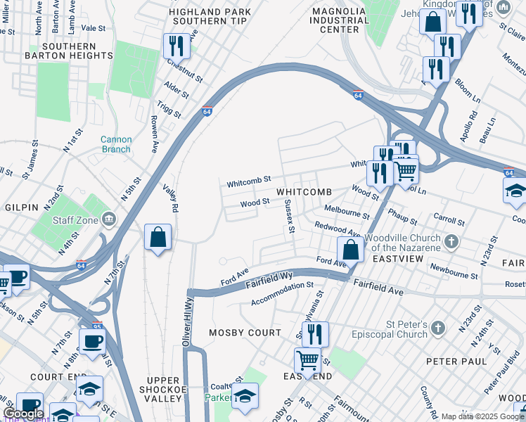map of restaurants, bars, coffee shops, grocery stores, and more near 1910 Eastview Lane in Richmond